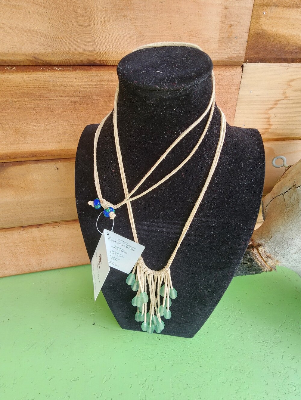 Noonday Collection High Tide Necklace Aqua Glass Bead Multi Strand Leather Boho